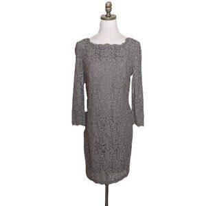 ADRIANNA PAPELL Evening Lace Dress Size P10 Tan Square Neck 3/4 Sheer Sleeve